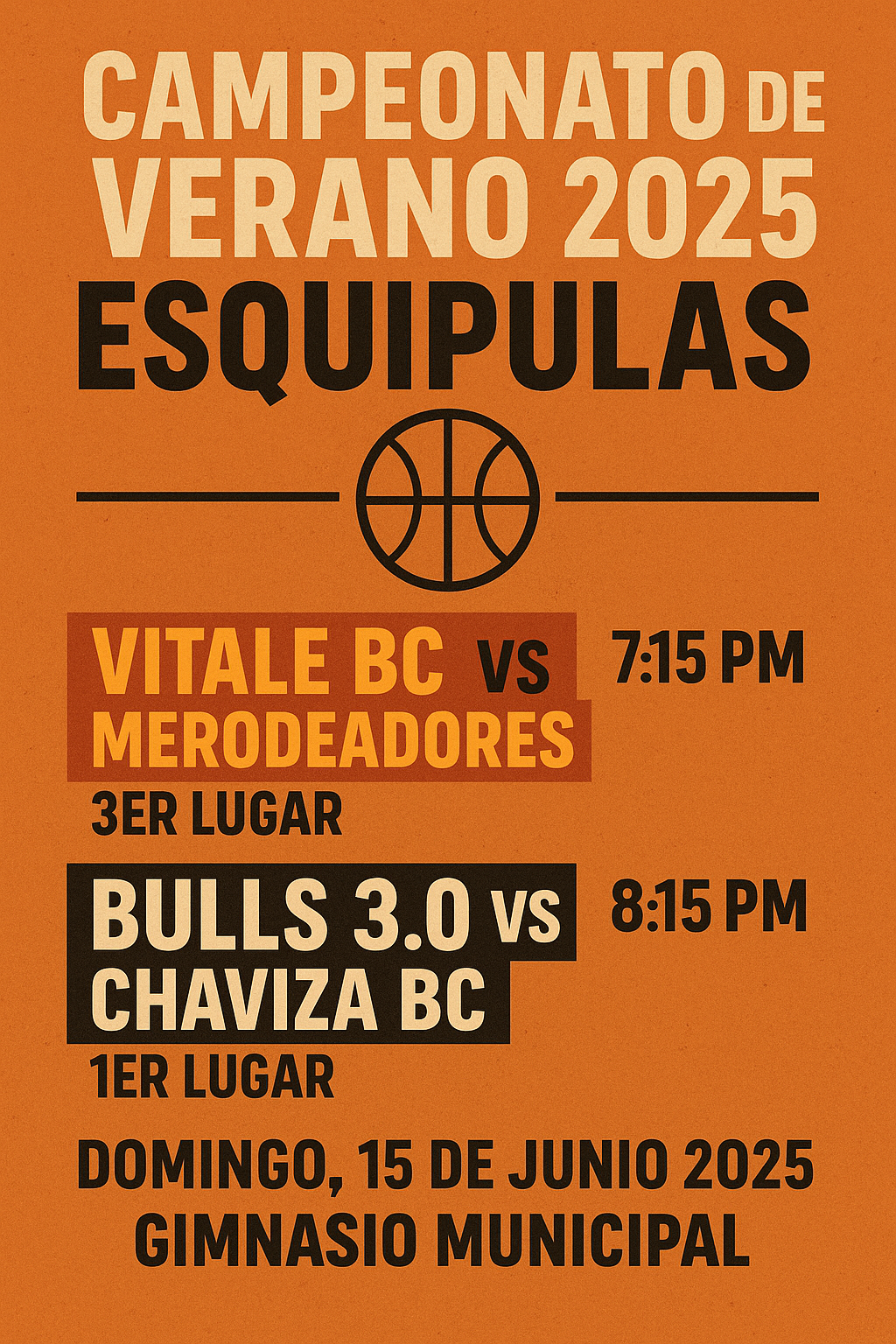 Anuncio de partido: Finales Torneo de Verano 2025 Domingo 15 de Junio en el Gimnasio Municipal de Esquipulas